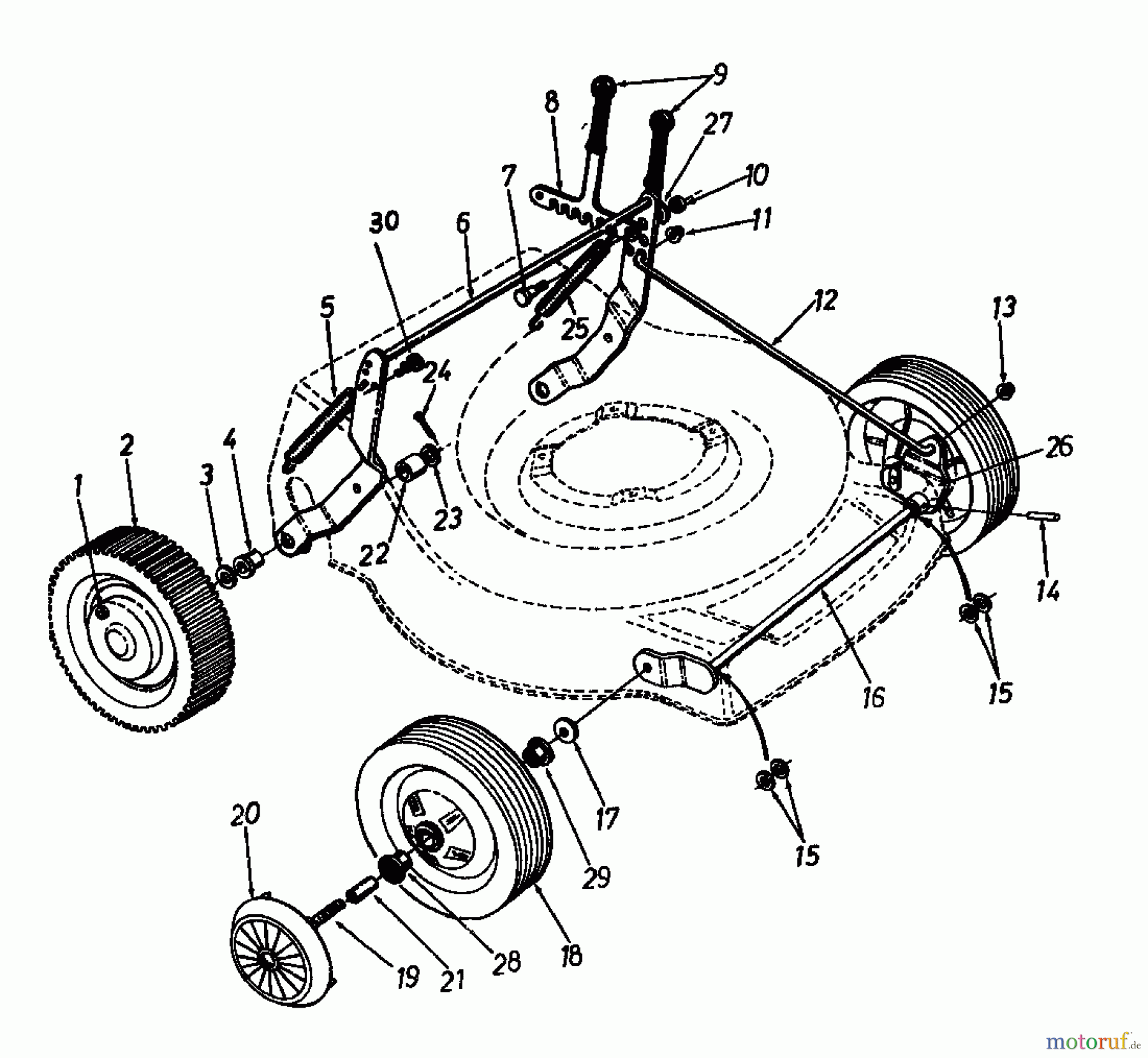  MTD Petrol mower self propelled REX-COMBI 51 SSL 126-3580  (1986) Wheels, Cutting hight adjustment