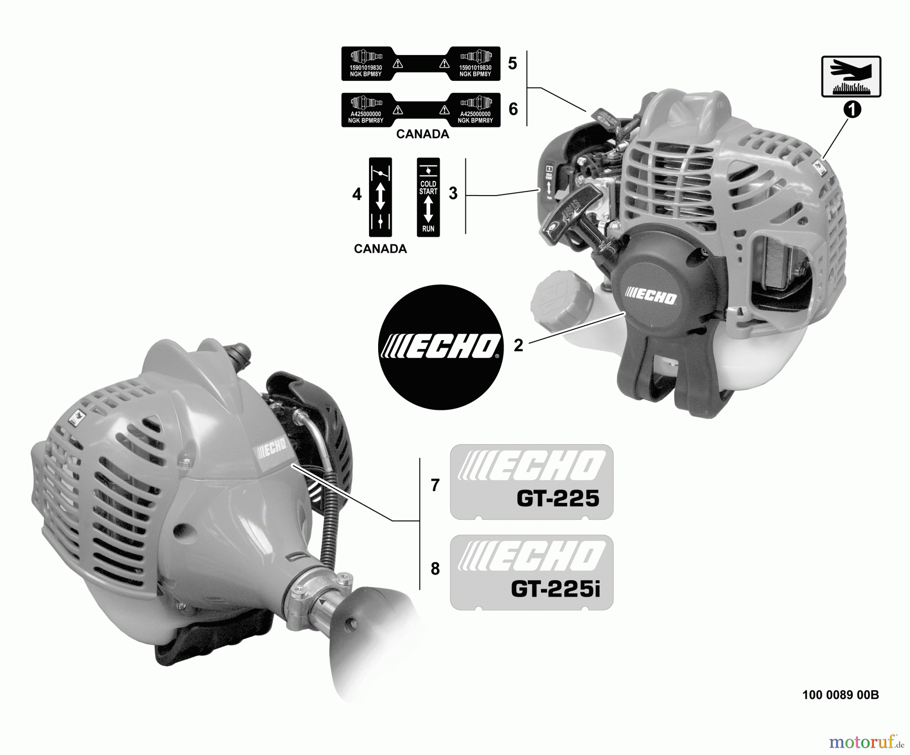  Echo Trimmer, Faden / Bürste GT-225i - Echo String Trimmer, S/N:S54813001001 - S54813999999 Labels