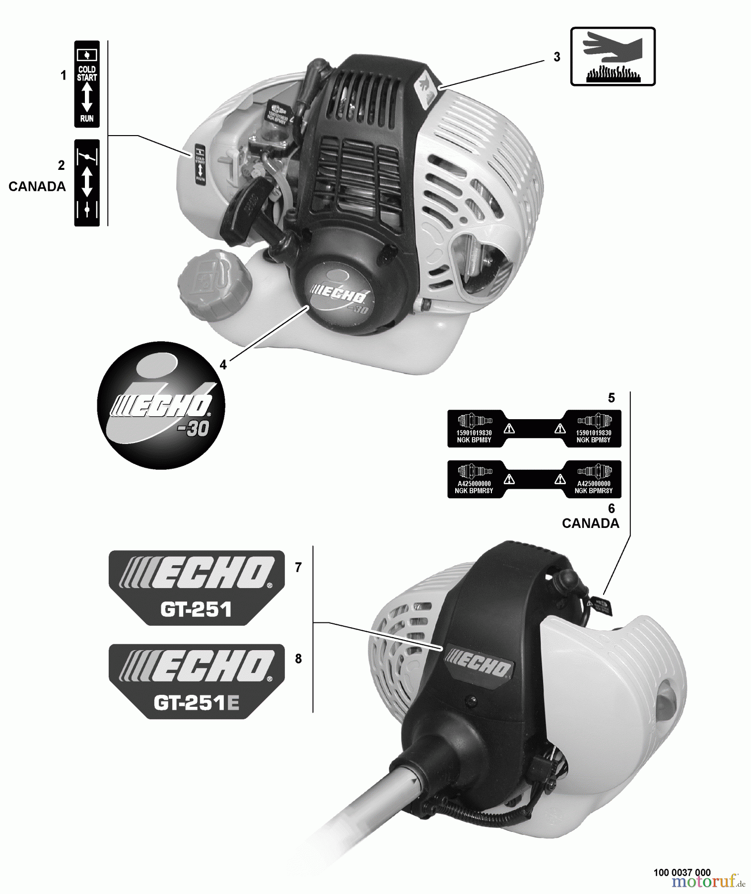  Echo Trimmer, Faden / Bürste GT-251 - Echo String Trimmer, S/N:S65011001001 - S65011999999 Labels