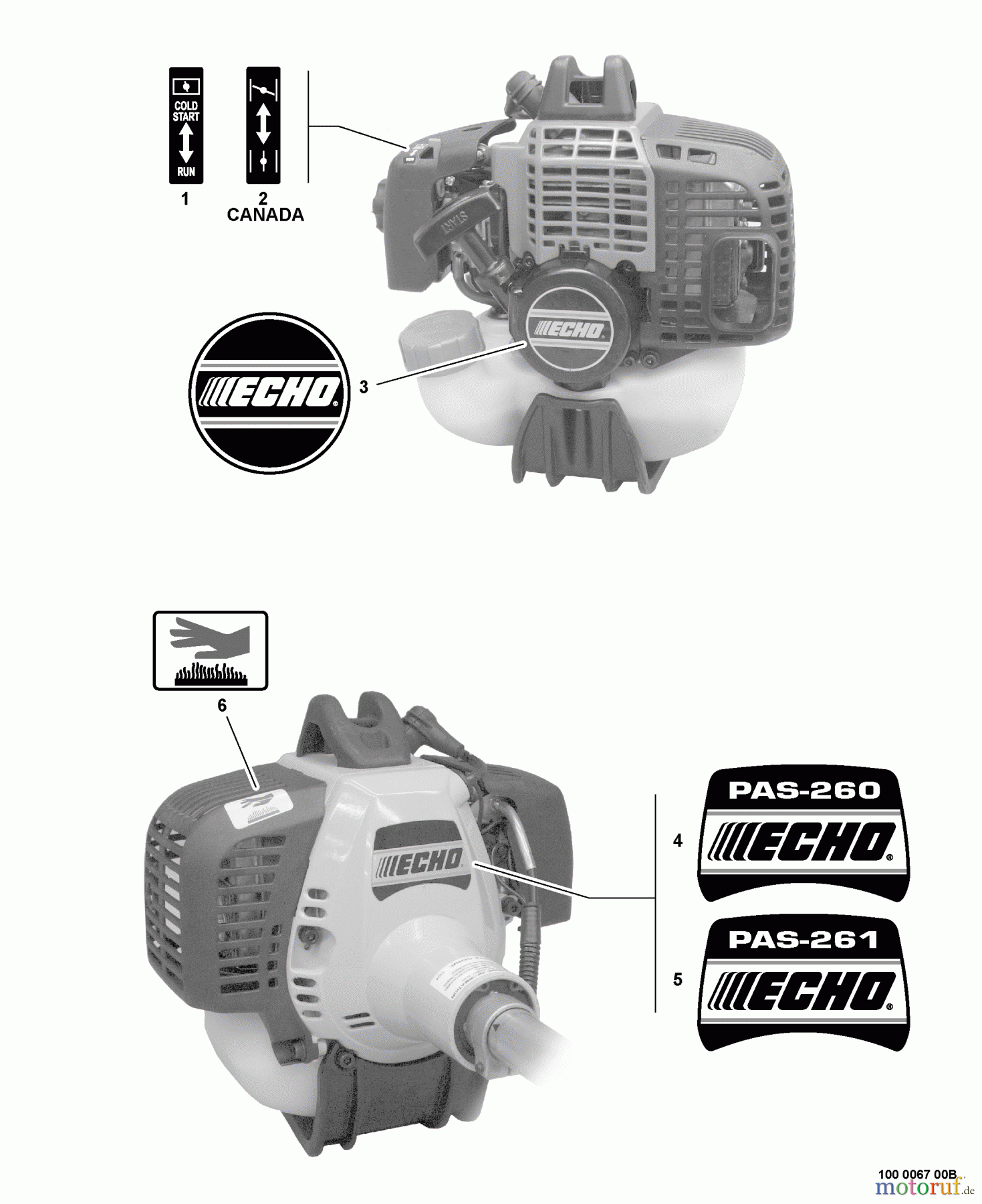  Echo Trimmer, Faden / Bürste PAS-261 - Echo Power Unit, S/N: 02001001 - 02999999 Labels