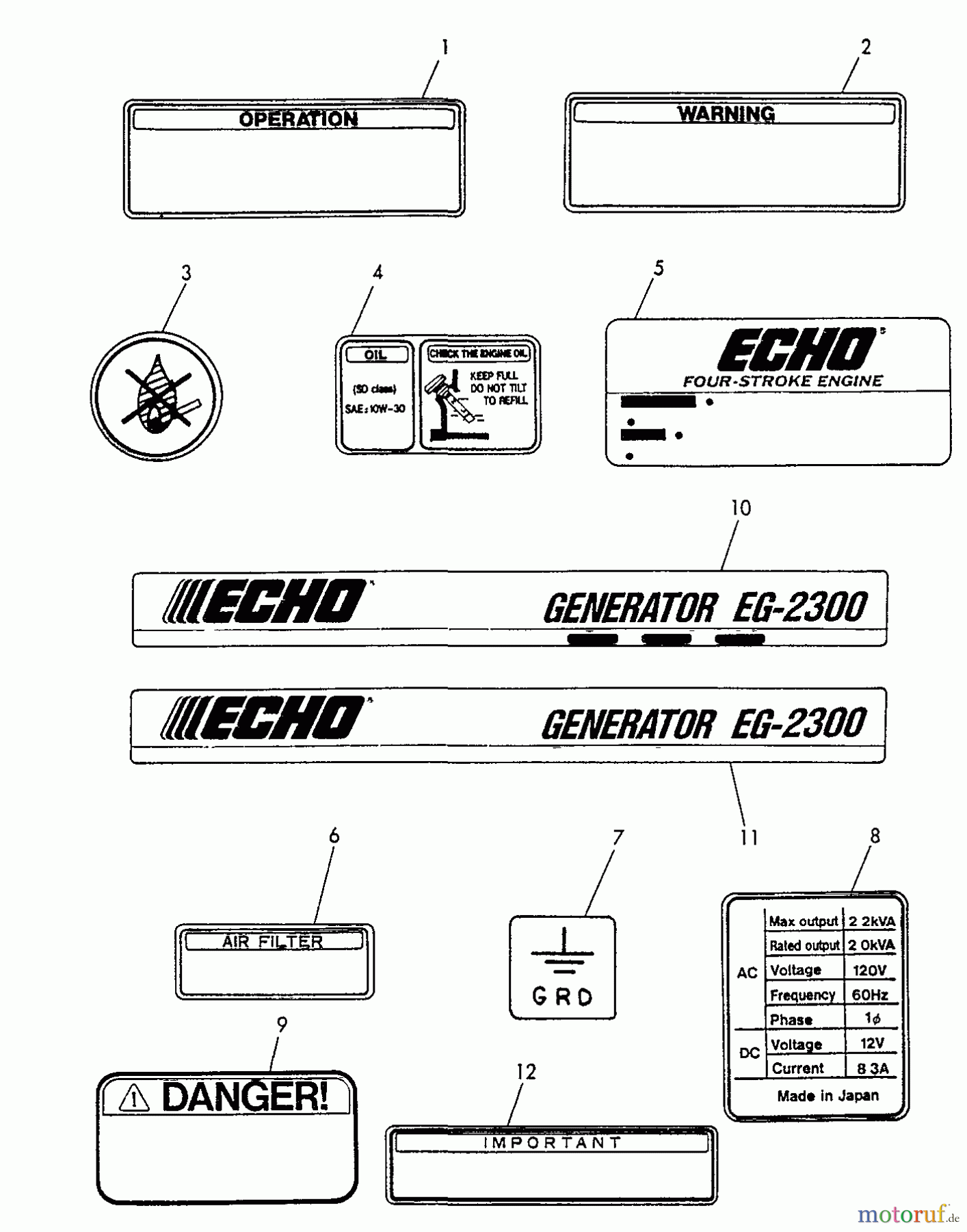  Echo Stromerzeuger EG-2300 - Echo Portable Generator, S/N: 03372 - 99999 Label