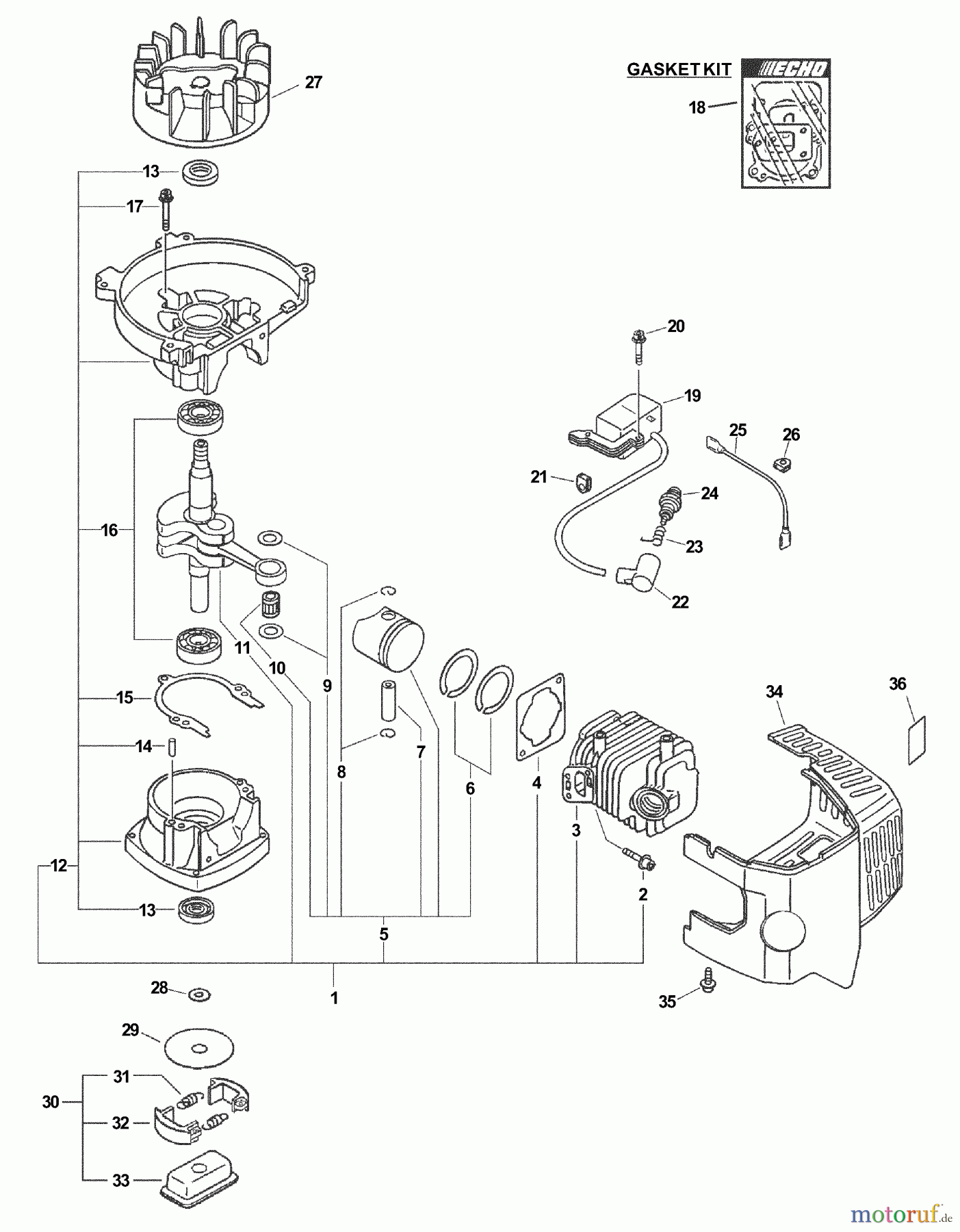  Echo Heckenscheren HC-151 - Echo Hedge Trimmer, S/N: 02001001 - 02999999 Engine, Short Block, Ignition, Cylinder Cover