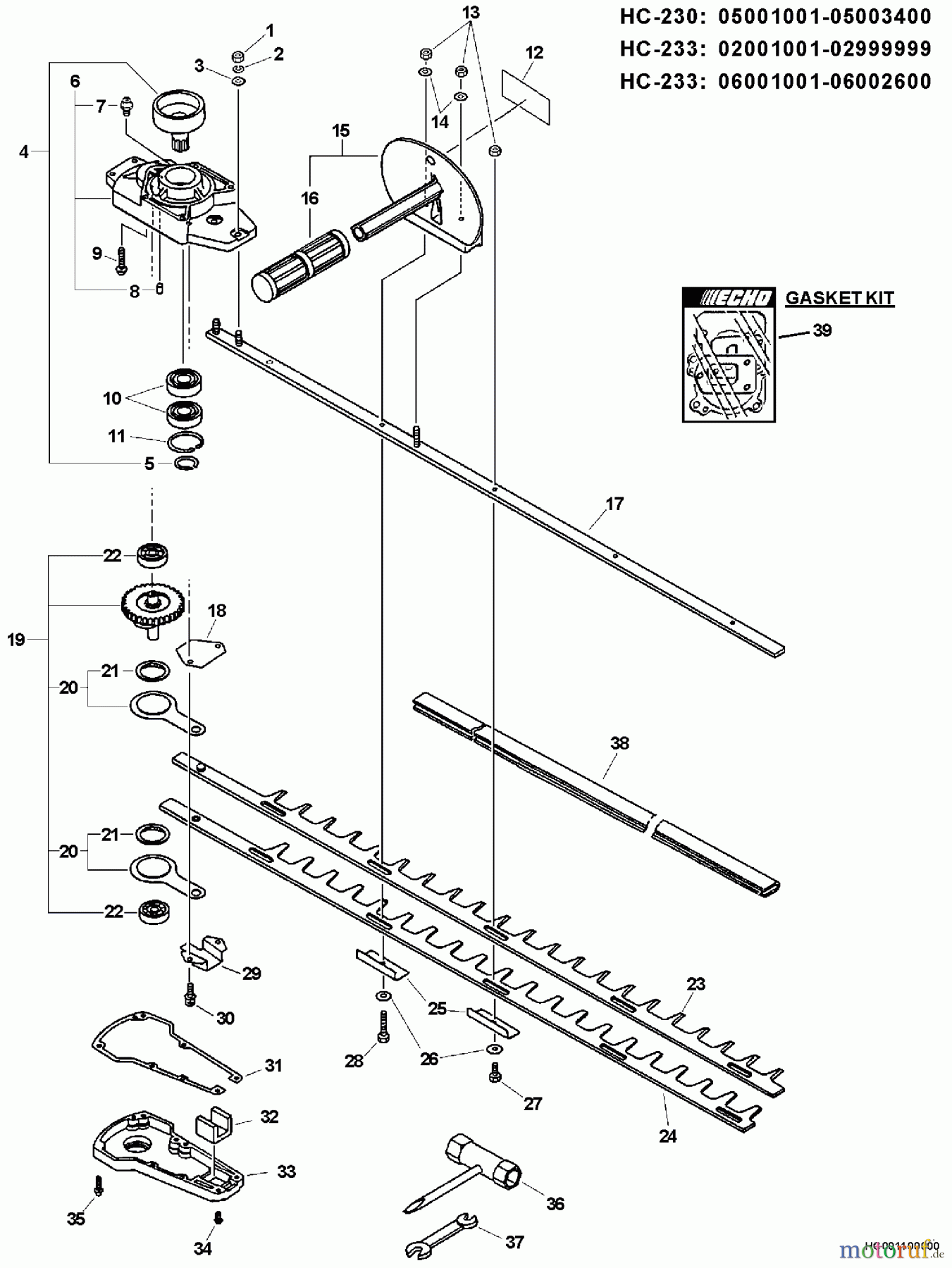 Echo Heckenscheren HC-230 - Echo Hedge Trimmer, S/N: 05001001 - 05999999 Blades, Gear Case, Side Handle, Tools S/N: 05001001 - 05003400