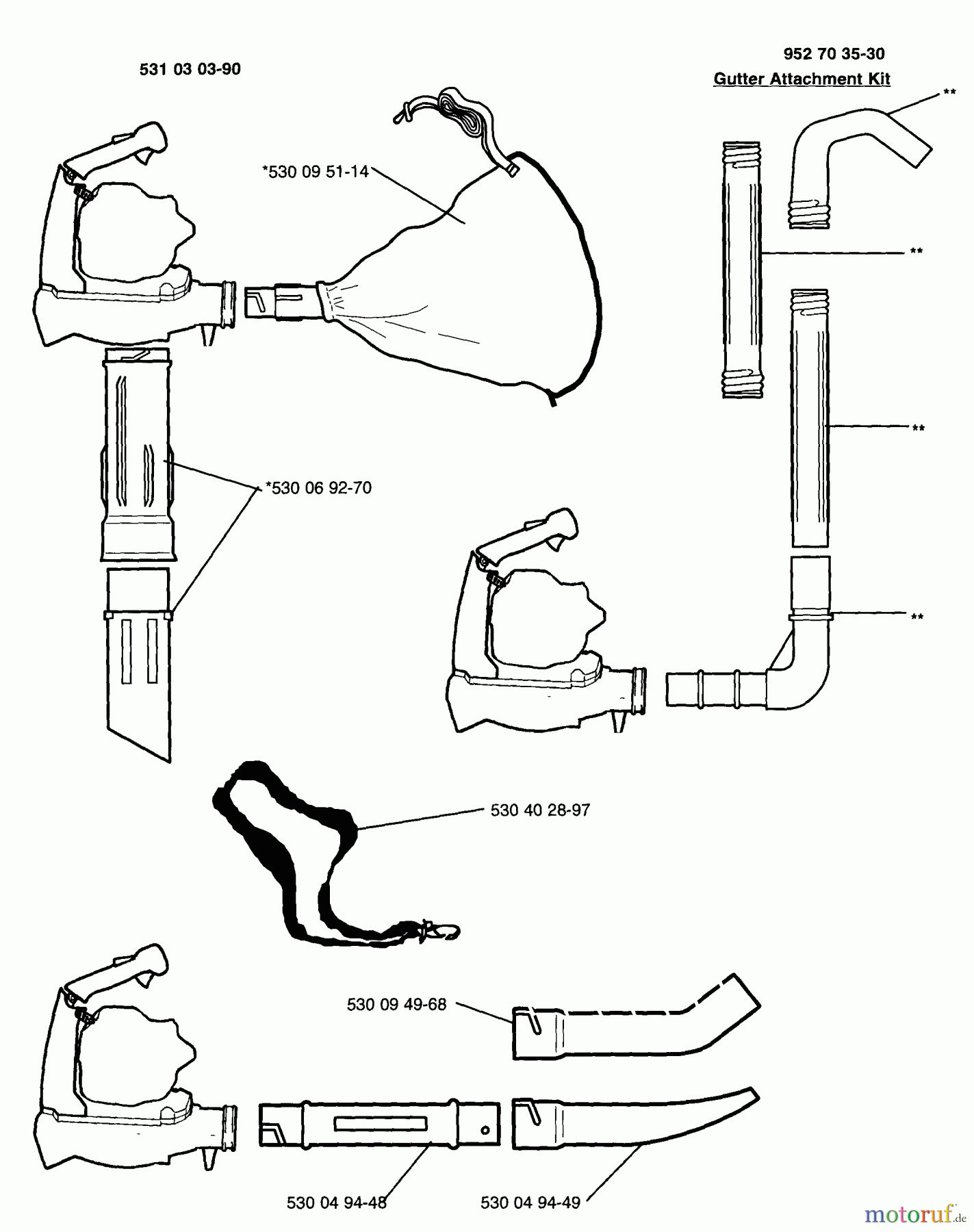 Husqvarna Bläser / Sauger / Häcksler / Mulchgeräte 225 HBV - Husqvarna Handheld Blower Vacuum (1996-09 to 1997-01) Vacuum And Gutter Attachment Kits