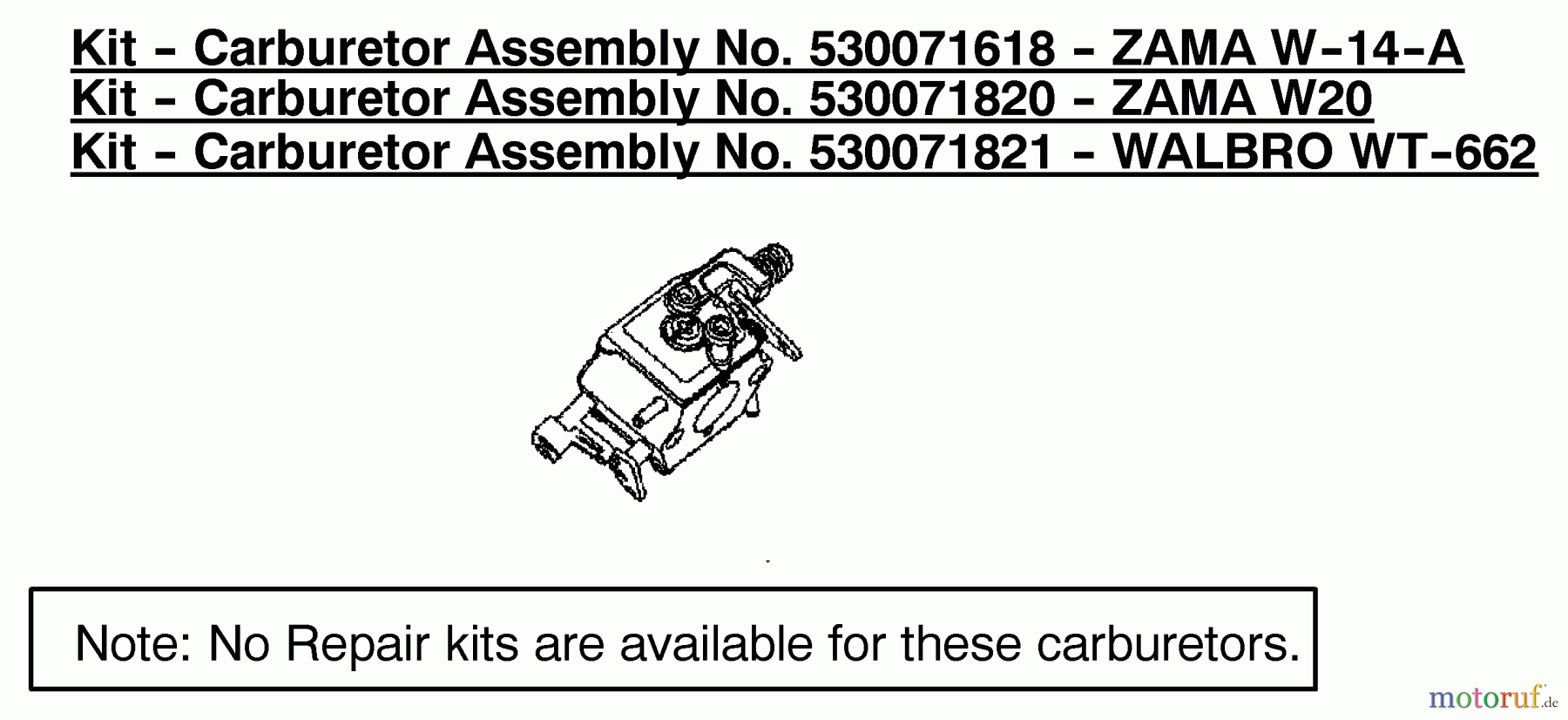  Poulan / Weed Eater Motorsägen 1975 (Type 5) - Poulan Woodshark Chainsaw Carburetor Assembly (Zama W20) P/N 530071820