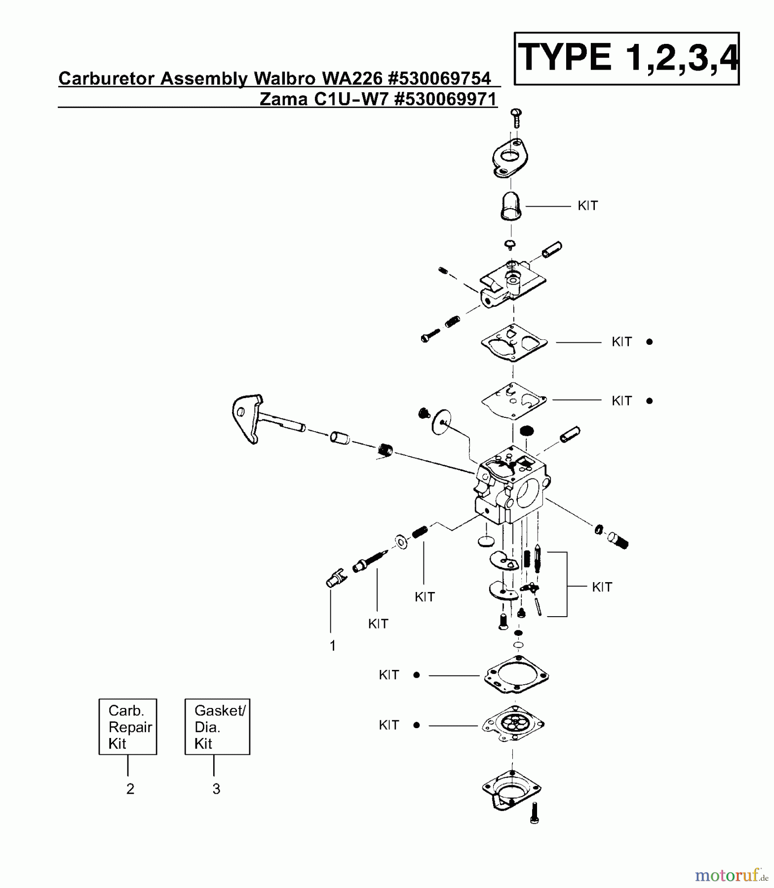  Poulan / Weed Eater Motorsensen, Trimmer XT400 (Type 1) - Weed Eater String Trimmer Carburetor Assembly (Walbro WA226) P/N 530069754, (Zama C1U-W7) P/N 530069971