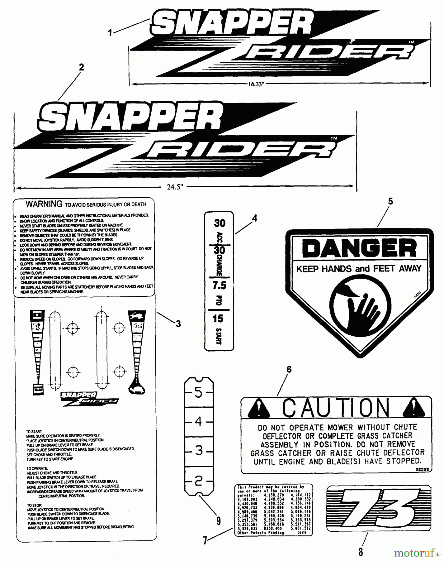  Snapper Nullwendekreismäher, Zero-Turn ZF2500K (82517) - Snapper 25 HP Zero-Turn Mower, Out Front, Z-Rider Series 0 Decals (Part I)