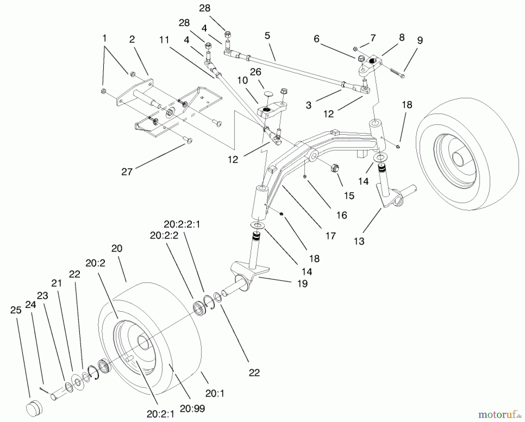  Toro Neu Mowers, Lawn & Garden Tractor Seite 1 73552 (523Dxi) - Toro 523Dxi Garden Tractor, 1999 (9900001-9999999) TIE RODS, SPINDLE, & FRONT AXLE ASSEMBLY