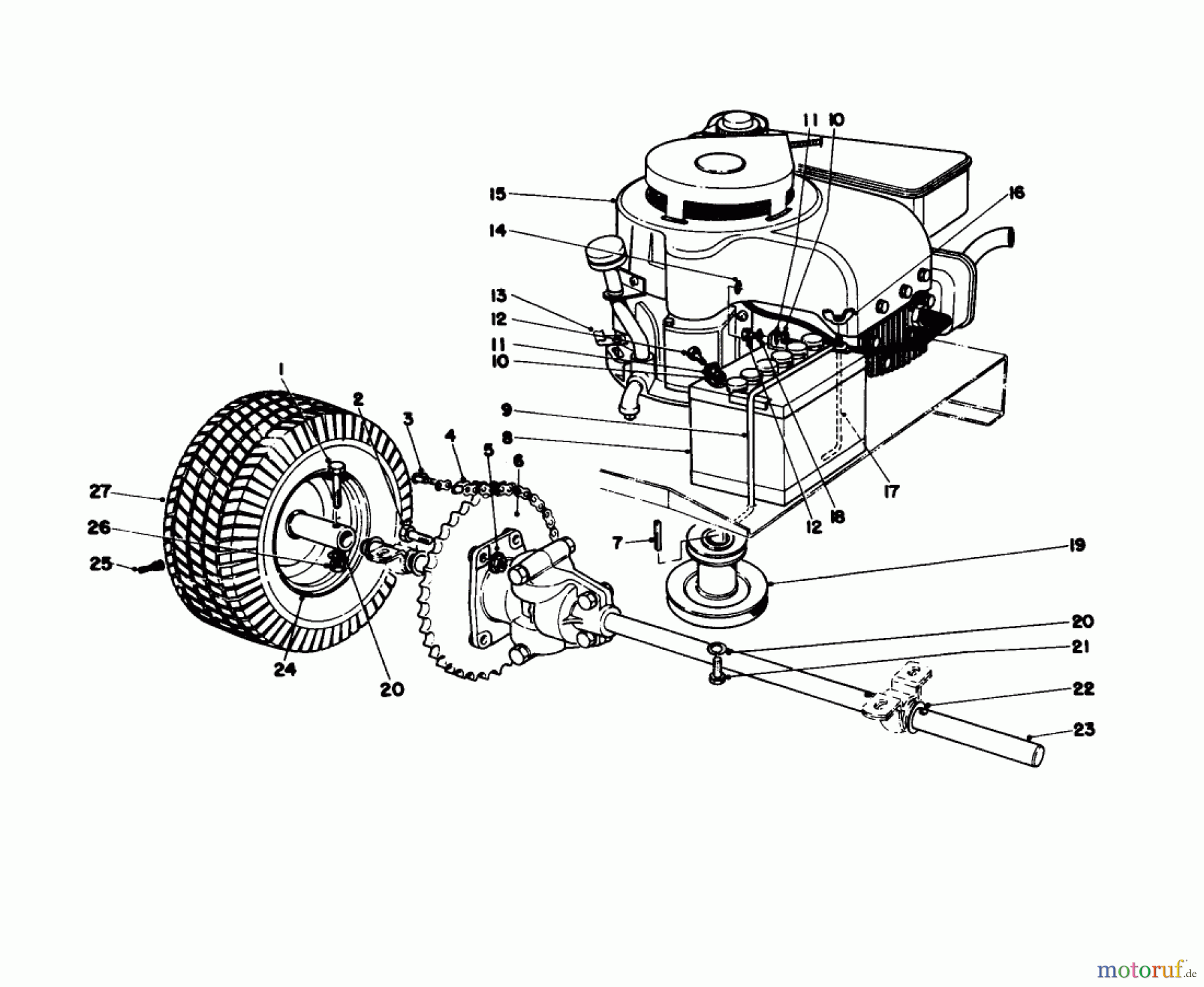  Toro Neu Mowers, Rear-Engine Rider 56125 (7-25) - Toro 7-25 Rear Engine Rider, 1982 (2000001-2999999) ENGINE AND AXLE ASSEMBLY