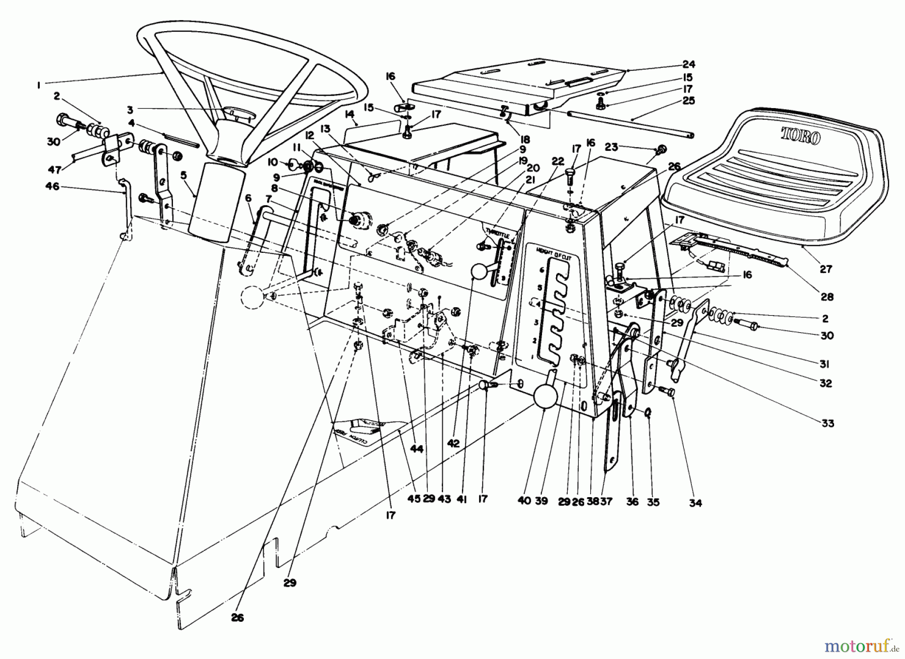  Toro Neu Mowers, Rear-Engine Rider 56145 (8-32) - Toro 8-32 Rear Engine Rider, 1986 (6000001-6999999) SEAT & STEERING WHEEL ASSEMBLY
