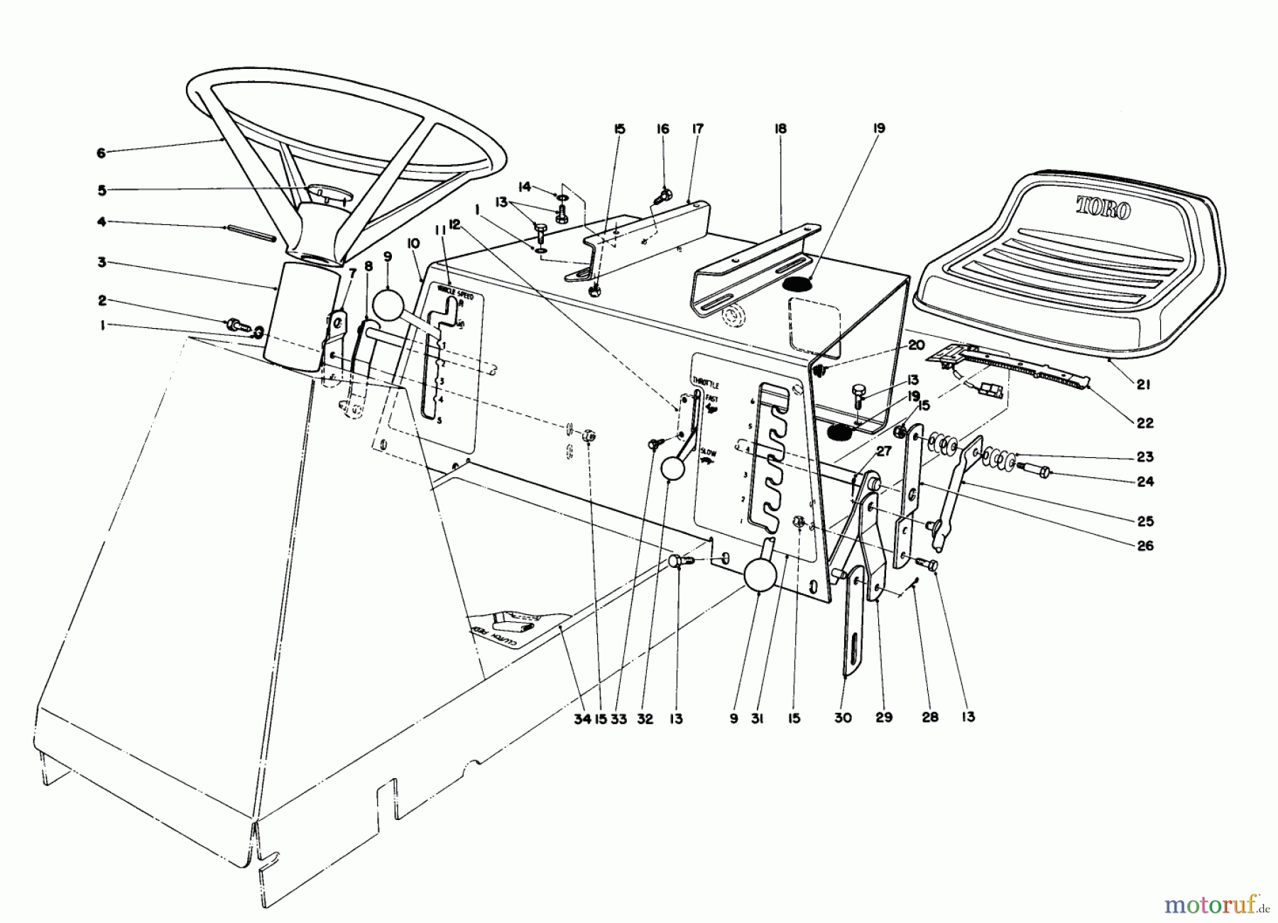  Toro Neu Mowers, Rear-Engine Rider 56155 (11-32) - Toro 11-32 Rear Engine Rider, 1985 (5000001-5999999) SEAT & STEERING WHEEL ASSEMBLY