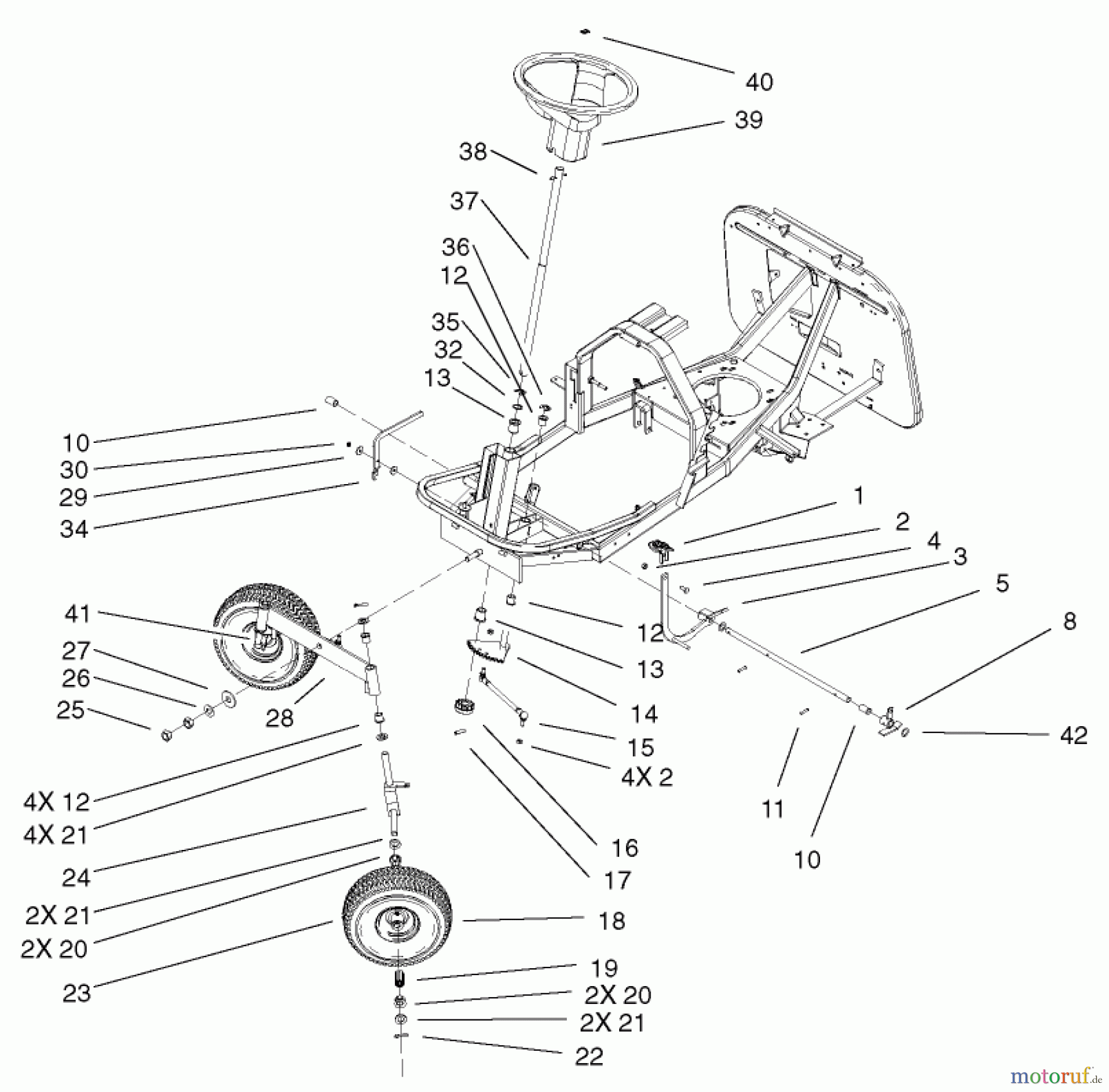  Toro Neu Mowers, Rear-Engine Rider 70125 (13-32G) - Toro 13-32G Rear Engine Rider, 2002 (220000001-220999999) FRONT AXLE AND STEERING ASSEMBLY