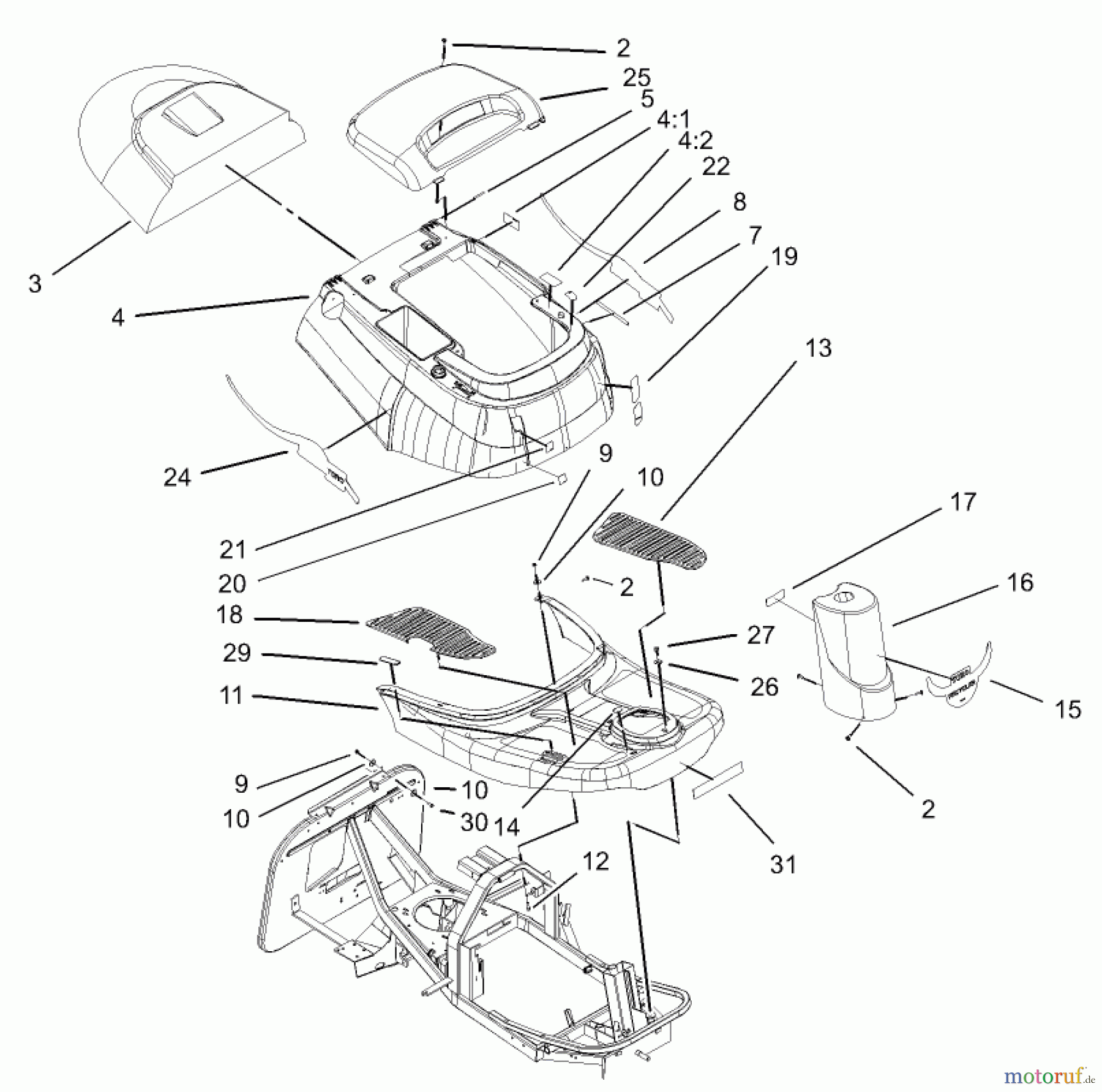  Toro Neu Mowers, Rear-Engine Rider 70125 (13-32G) - Toro 13-32G Rear Engine Rider, 2003 (230000001-230999999) BODY AND DECAL ASSEMBLY