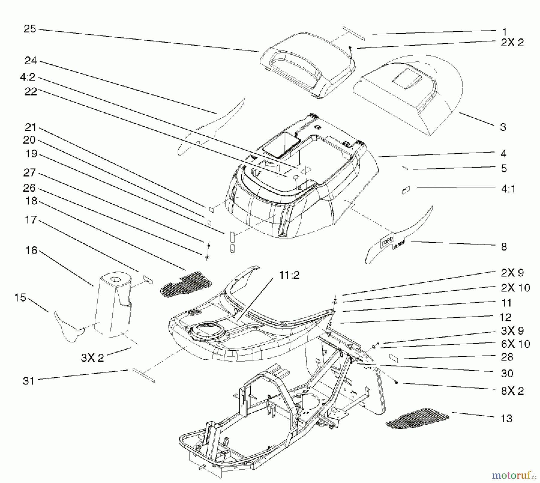  Toro Neu Mowers, Rear-Engine Rider 70184 (13-32H) - Toro 13-32H Rear Engine Rider, 2002 (220000001-220999999) BODY AND DECAL ASSEMBLY