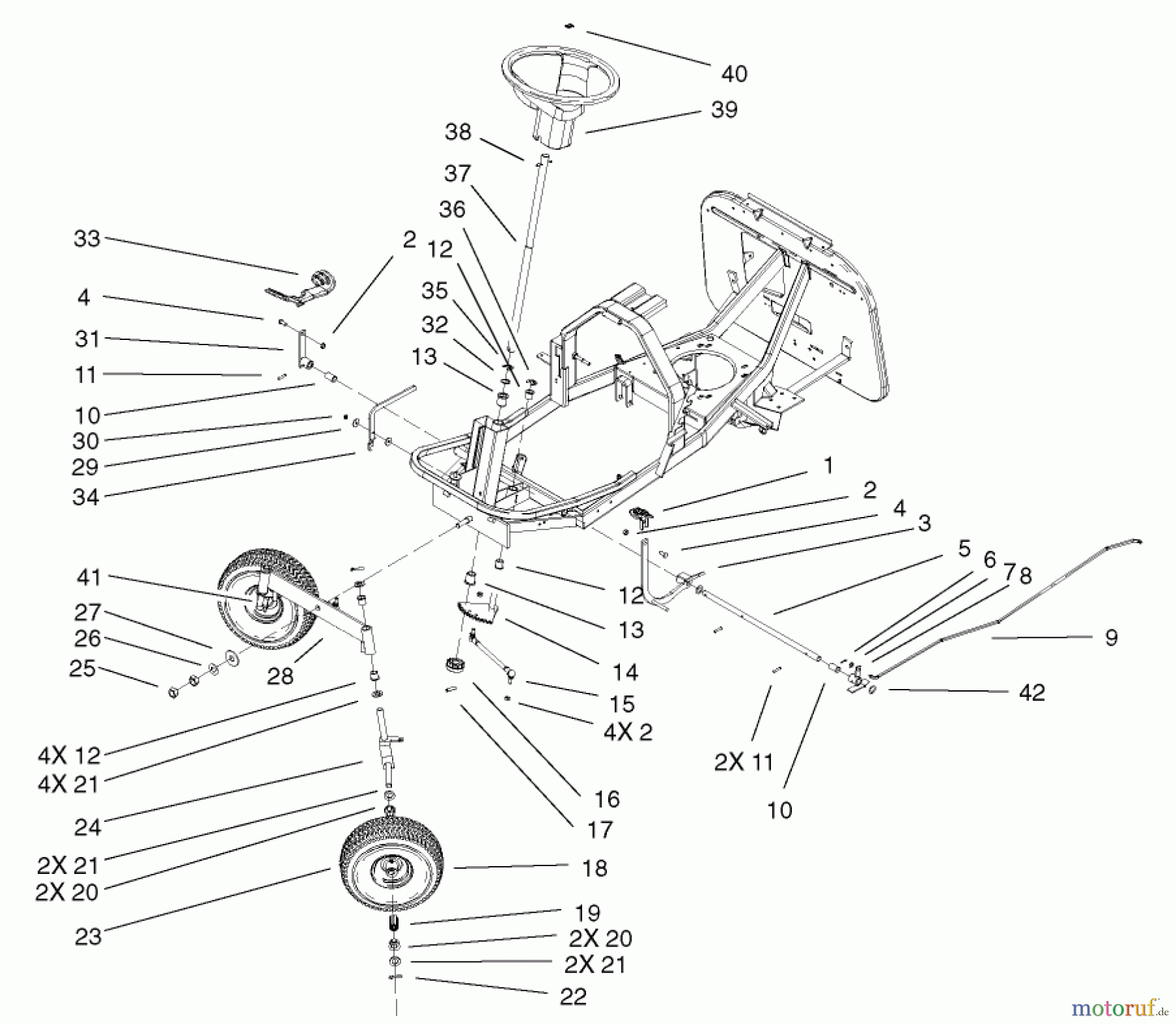  Toro Neu Mowers, Rear-Engine Rider 70184 (13-32H) - Toro 13-32H Rear Engine Rider, 2002 (220000001-220999999) FRONT AXLE AND STEERING ASSEMBLY