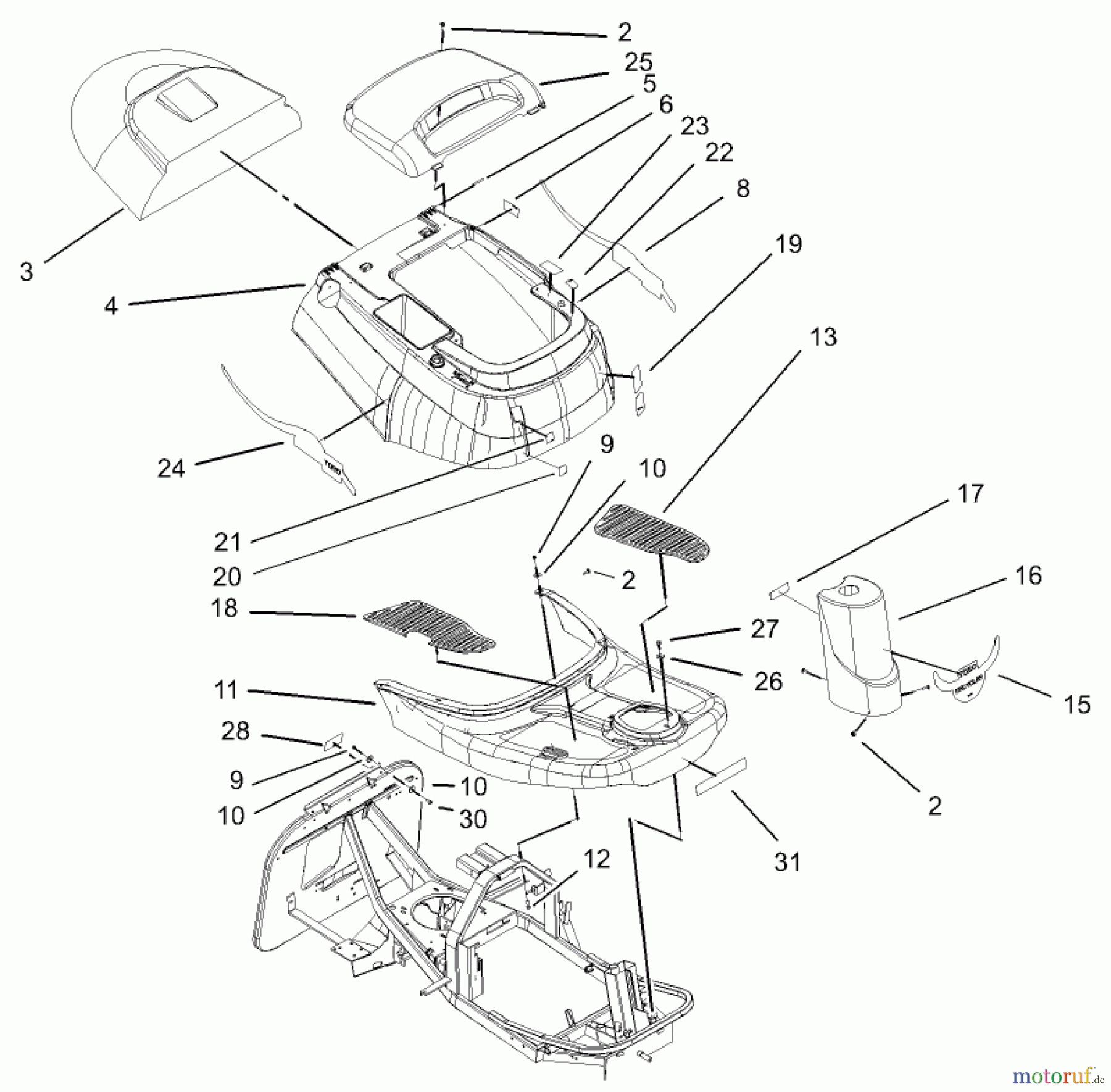  Toro Neu Mowers, Rear-Engine Rider 70184 (13-32H) - Toro 13-32H Rear-Engine Riding Mower, 2003 (230000001-230999999) BODY AND DECAL ASSEMBLY