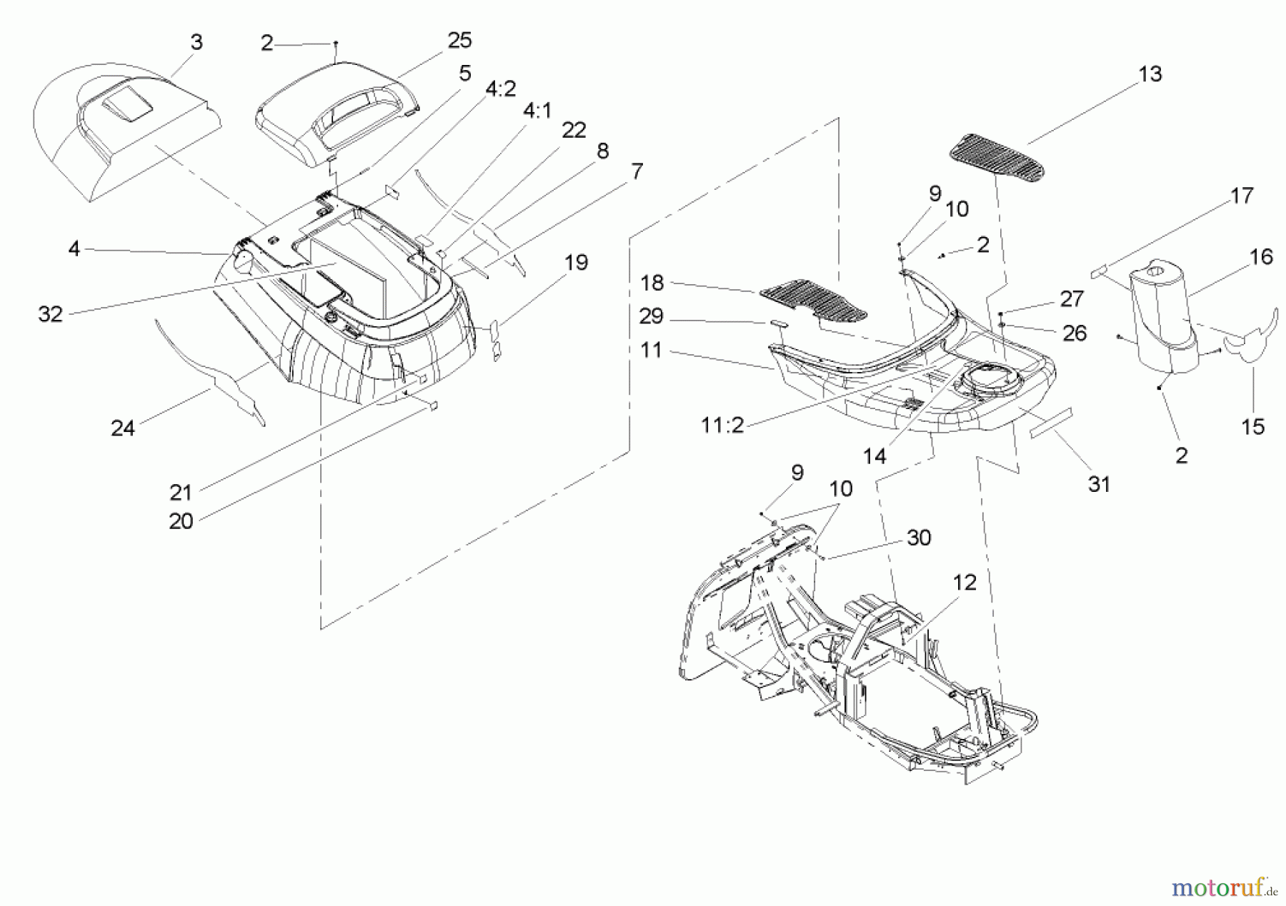  Toro Neu Mowers, Rear-Engine Rider 70185 (13-32G) - Toro 13-32G Rear-Engine Riding Mower, 2004 (240000001-240999999) BODY AND DECAL ASSEMBLY