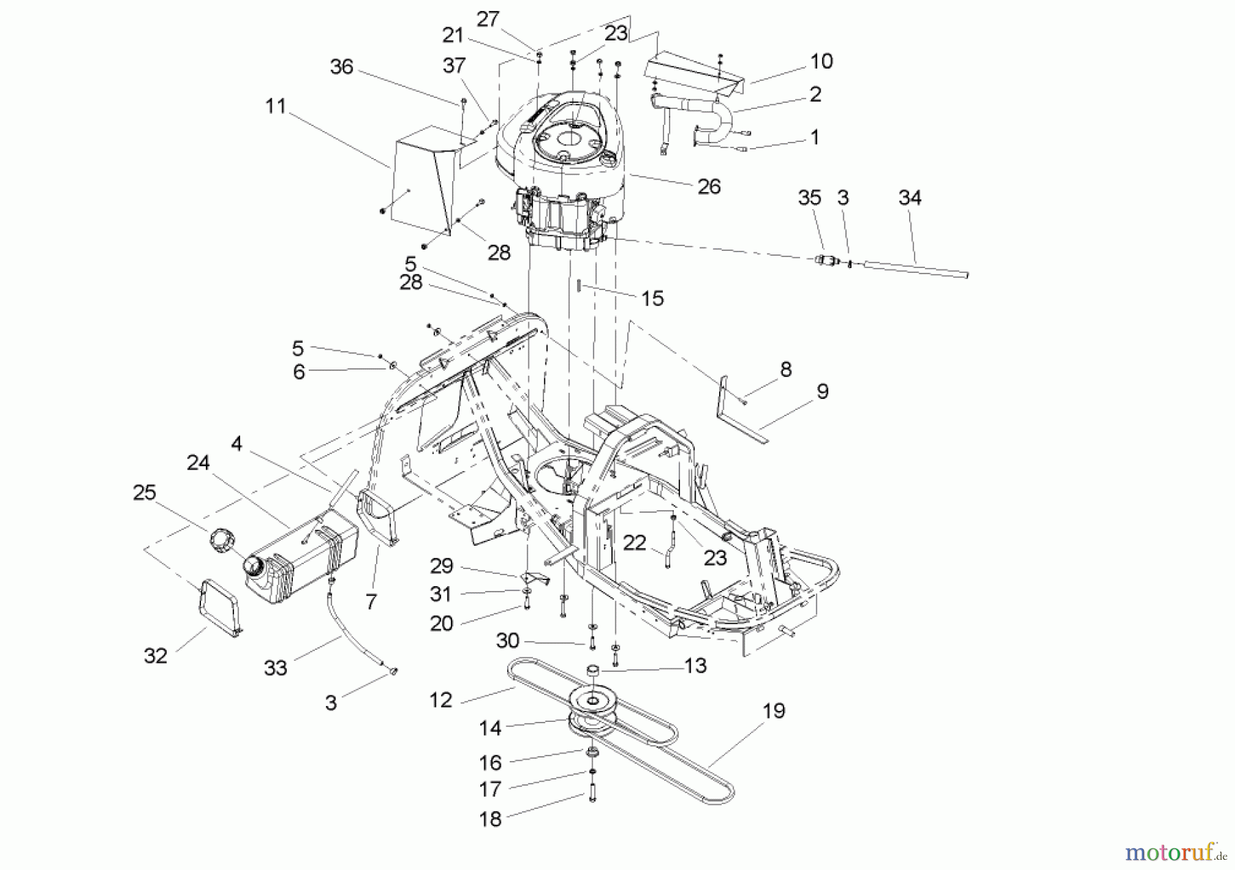  Toro Neu Mowers, Rear-Engine Rider 70185 (13-32G) - Toro 13-32G Rear-Engine Riding Mower, 2004 (240000001-240999999) ENGINE AND FUEL TANK ASSEMBLY