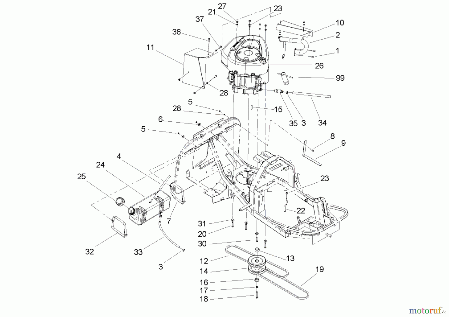  Toro Neu Mowers, Rear-Engine Rider 70186 (13-32H) - Toro 13-32H Rear-Engine Riding Mower, 2004 (240000001-240999999) ENGINE AND FUEL TANK ASSEMBLY