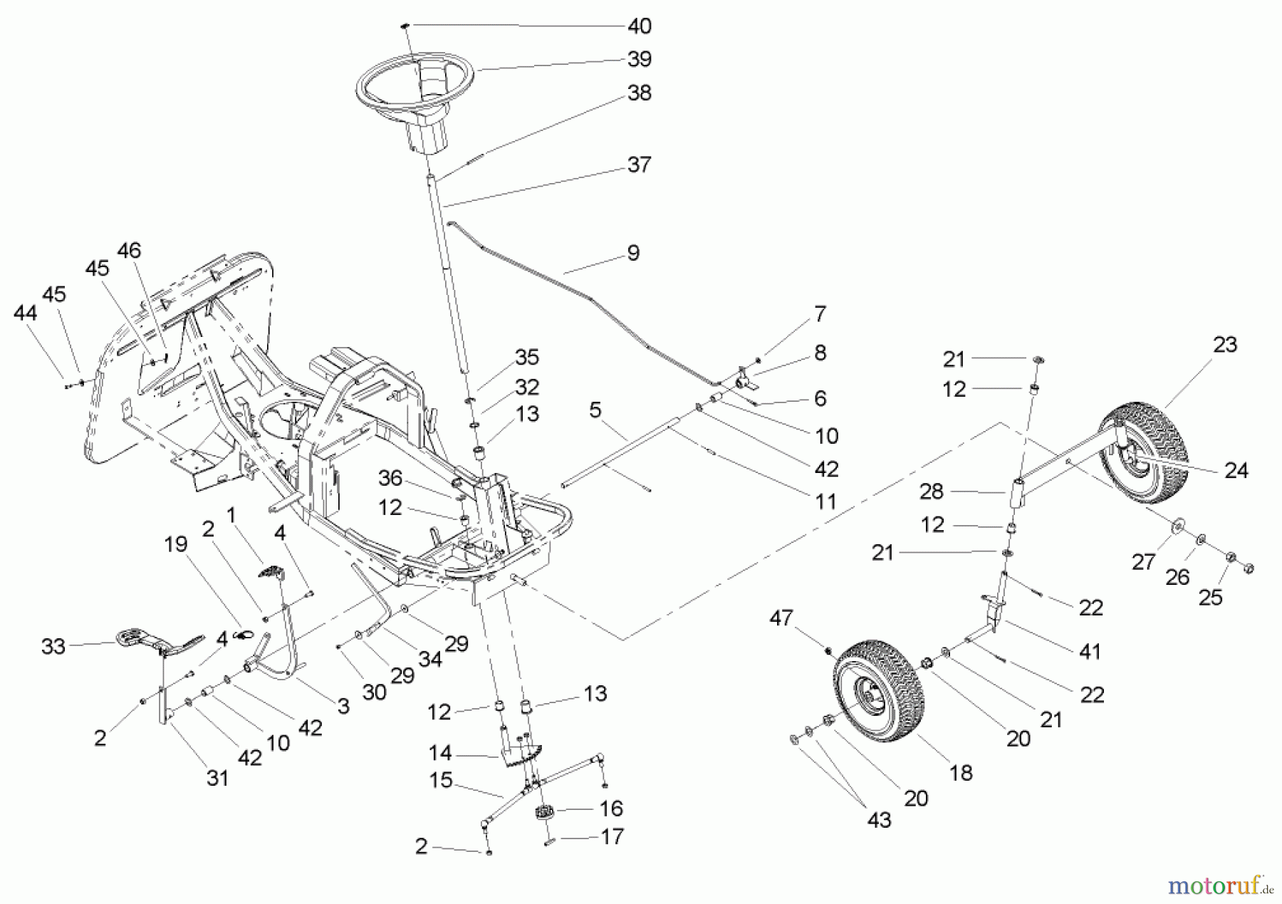  Toro Neu Mowers, Rear-Engine Rider 70186 (H132) - Toro H132 Rear-Engine Riding Mower, 2005 (250000001-250999999) FRONT AXLE AND STEERING ASSEMBLY