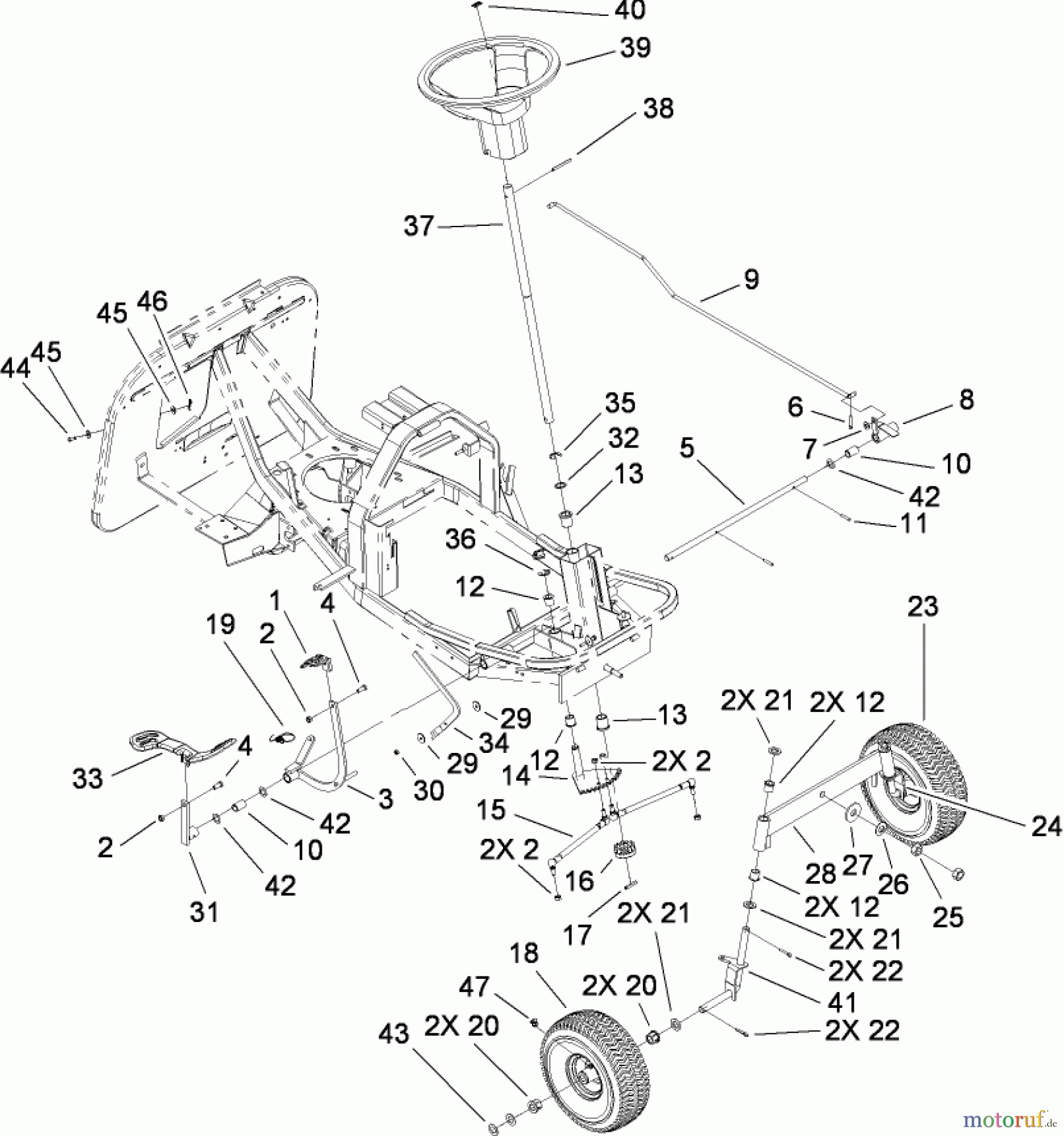  Toro Neu Mowers, Rear-Engine Rider 70186 (H132) - Toro H132 Rear-Engine Riding Mower, 2007 (260732867-270805635) FRONT AXLE AND STEERING ASSEMBLY