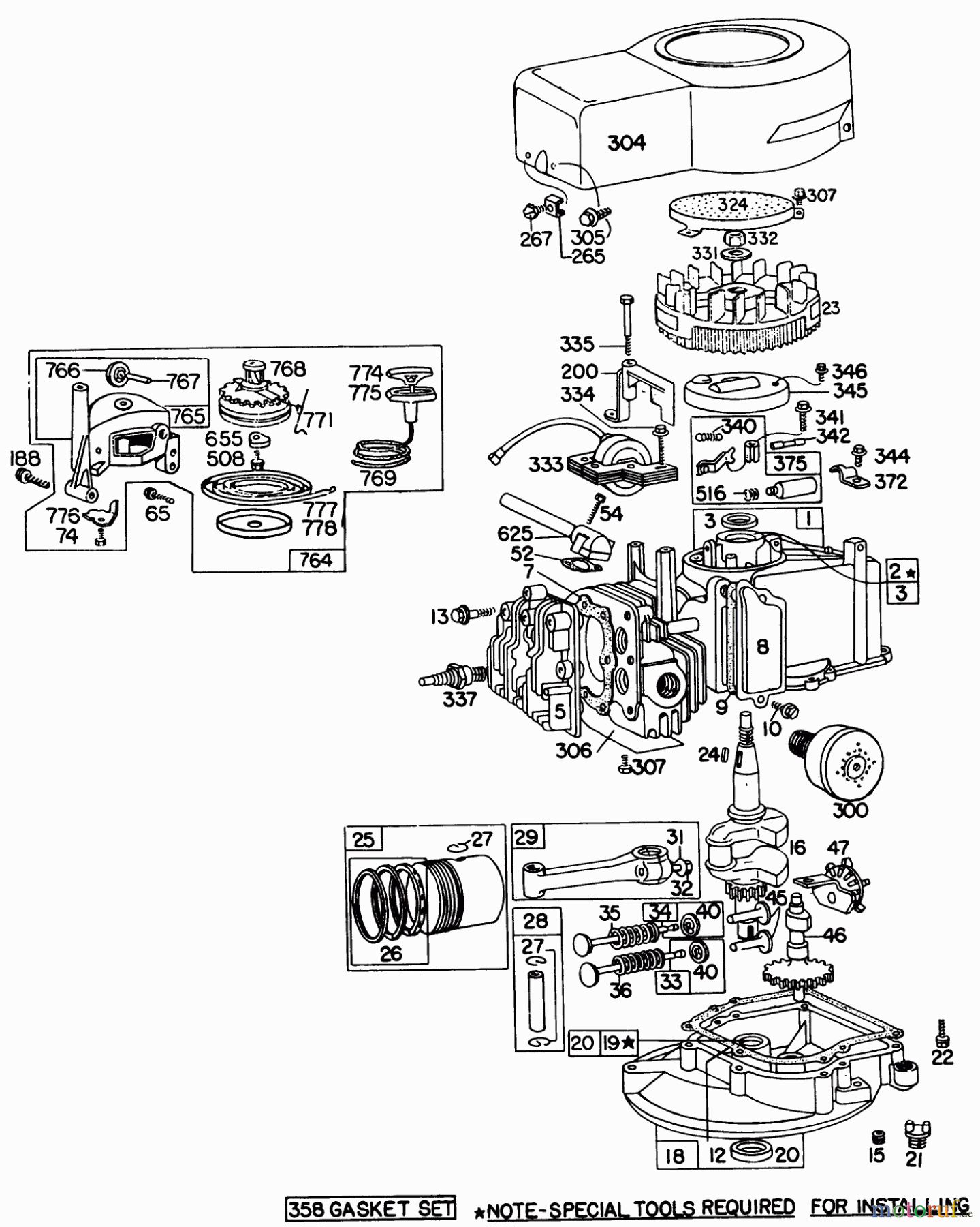  Toro Neu Mowers, Walk-Behind Seite 1 16264 - Toro Whirlwind II Lawnmower, 1977 (7000001-7999999) ENGINE BRIGGS & STRATTON MODEL 92908-1743-01 FOR 21