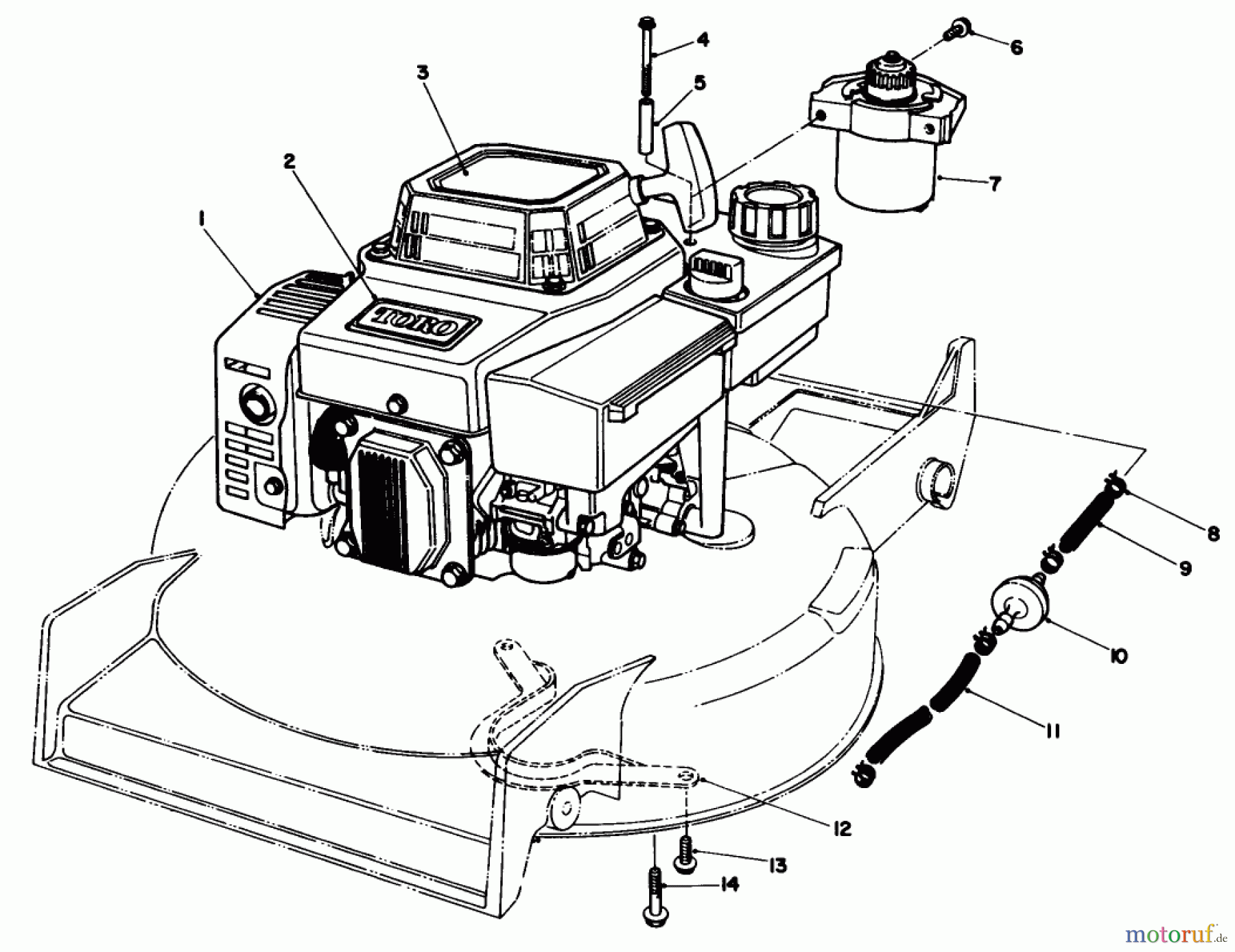  Toro Neu Mowers, Walk-Behind Seite 1 20624 - Toro Lawnmower, 1987 (7000001-7999999) ENGINE ASSEMBLY (MODEL NO. VMG6)(USED ON UNITS WITH SERIAL NO. 7001734 & UP)