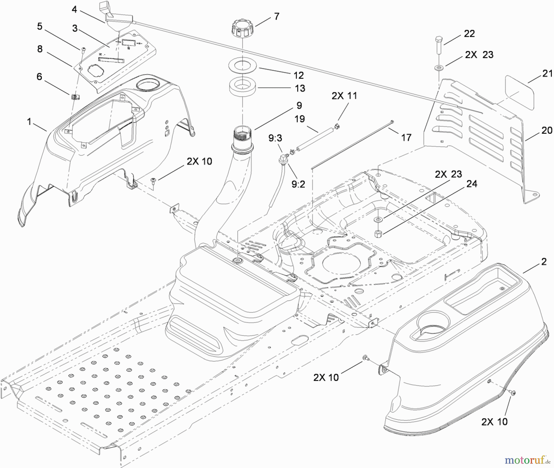  Toro Neu Mowers, Zero-Turn 74381 (Z4202) - Toro TimeCutter Z4202 Riding Mower, 2010 (310000001-310999999) FUEL DELIVERY AND BODY STYLING ASSEMBLY