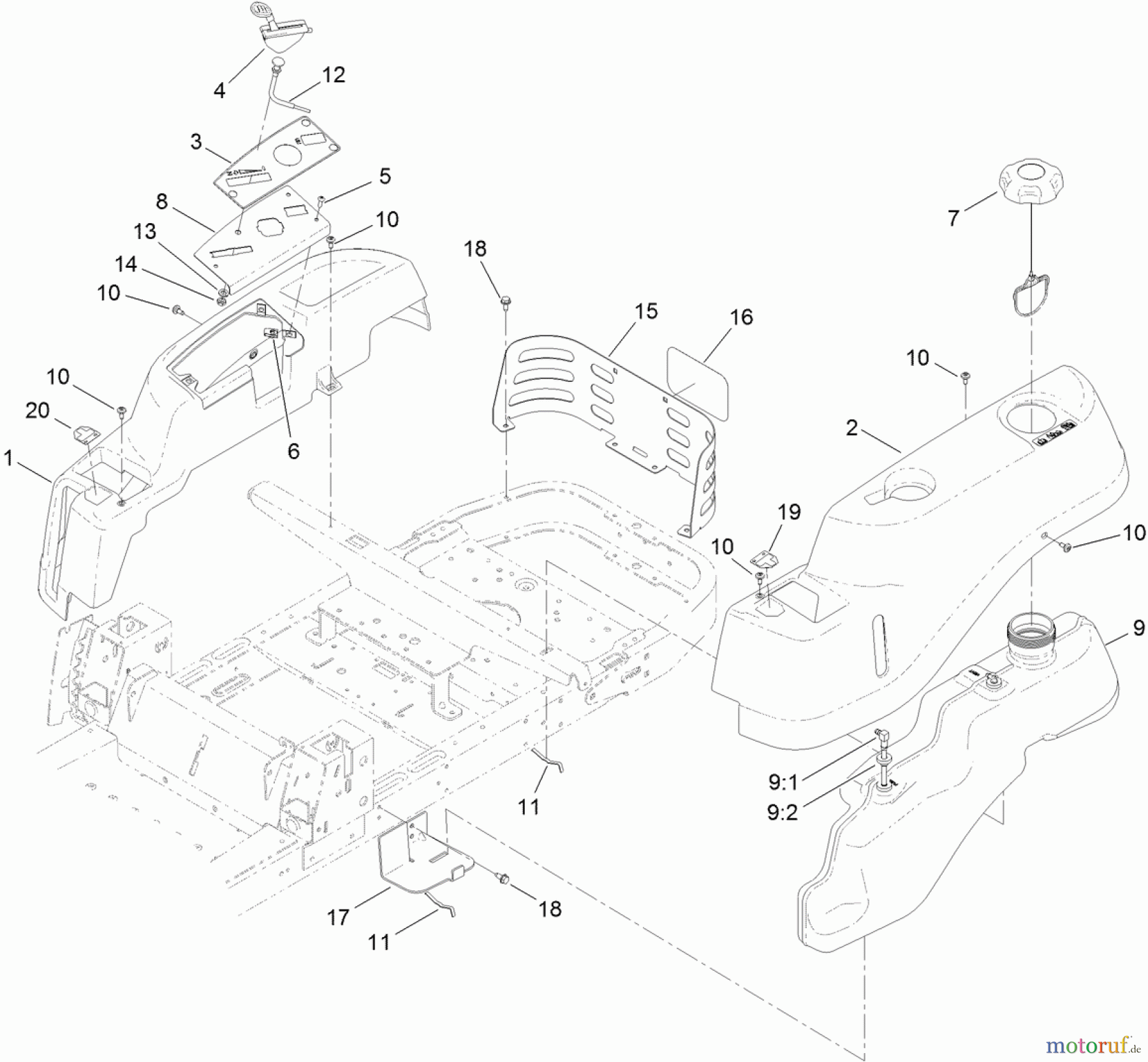 Toro Neu Mowers, Zero-Turn 74386 (ZS 4200) - Toro TimeCutter ZS 4200 Riding Mower, 2012 (SN 312000001-312999999) BODY STYLING AND FUEL POD ASSEMBLY