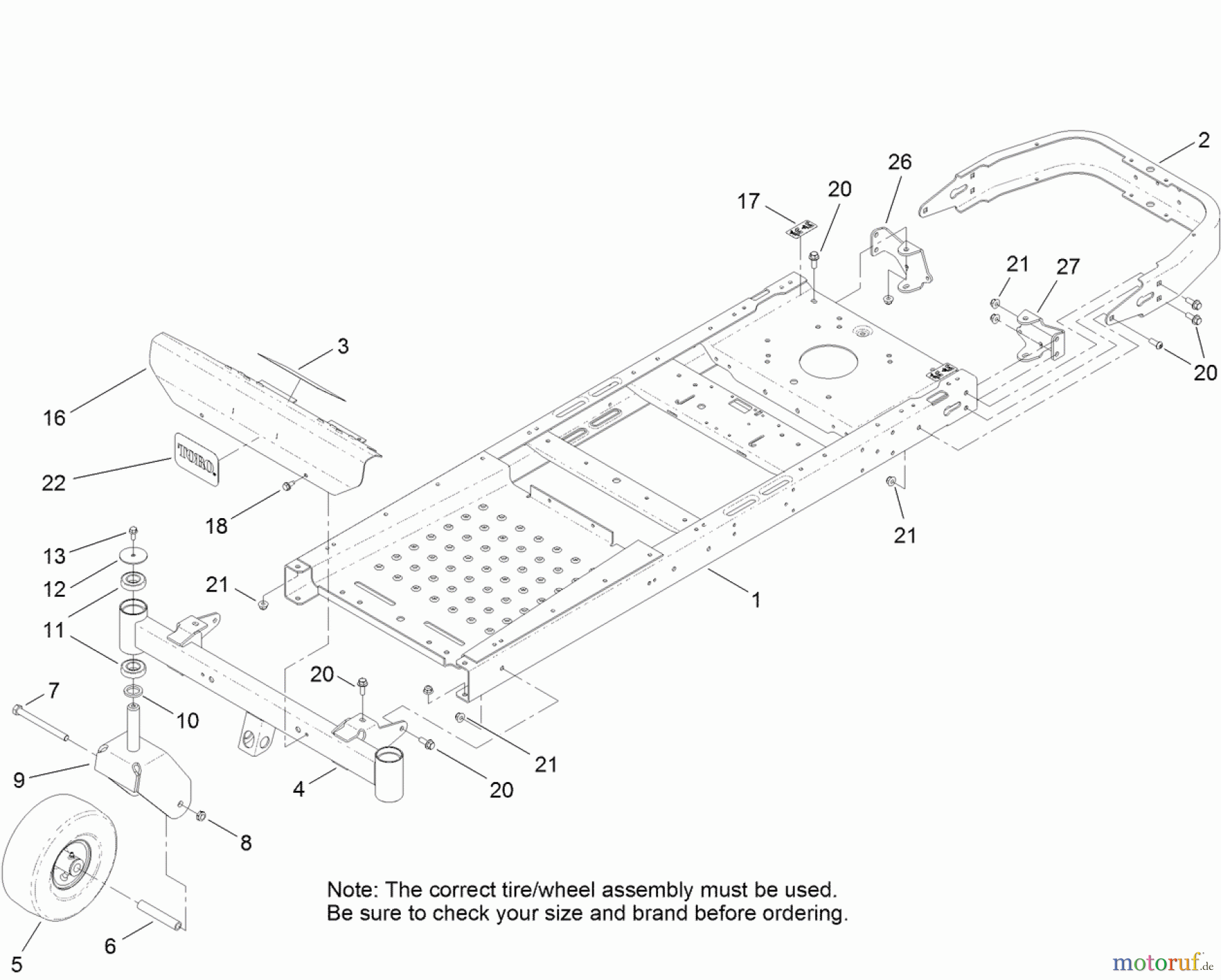 Toro Neu Mowers, Zero-Turn 74386 (ZS 4200) - Toro TimeCutter ZS 4200 Riding Mower, 2012 (SN 312000001-312999999) FRAME, FRONT AXLE AND CASTER WHEEL ASSEMBLY