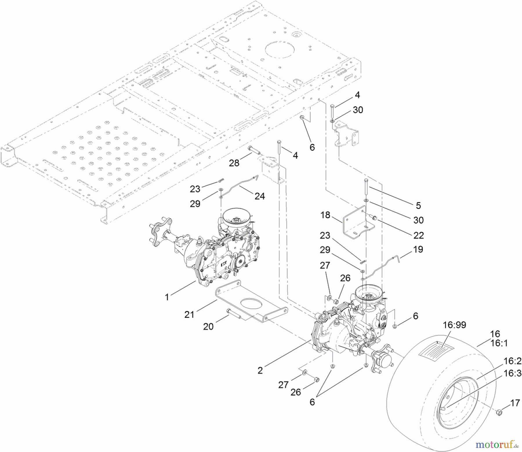 Toro Neu Mowers, Zero-Turn 74386 (ZS 4200) - Toro TimeCutter ZS 4200 Riding Mower, 2012 (SN 312000001-312999999) HYDRO TRANSAXLE DRIVE AND REAR WHEEL ASSEMBLY