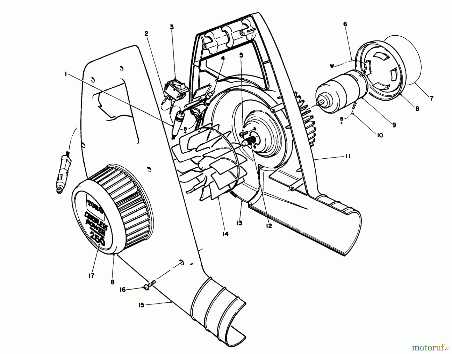  Toro Neu Blowers/Vacuums/Chippers/Shredders 51790 - Toro Mini Blower, With Battery Pack, 1991 (1000001-1999999) BLOWER HOUSING & MOTOR ASSEMBLY