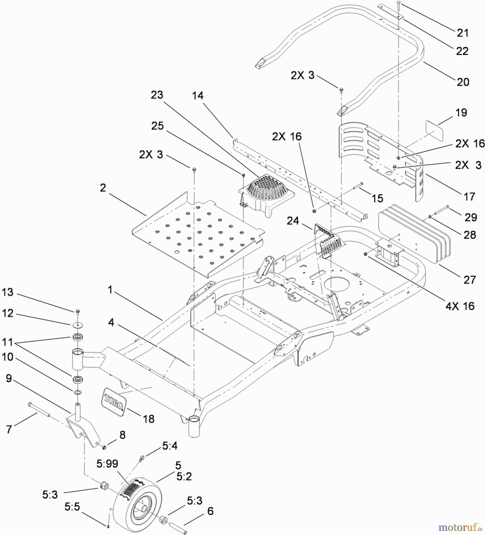 Toro Neu Mowers, Zero-Turn 74824 (ZX6050) - Toro TITAN ZX6050 Zero-Turn-Radius Riding Mower, 2010 (310000001-310999999) MAIN FRAME AND FRONT CASTER WHEEL ASSEMBLY